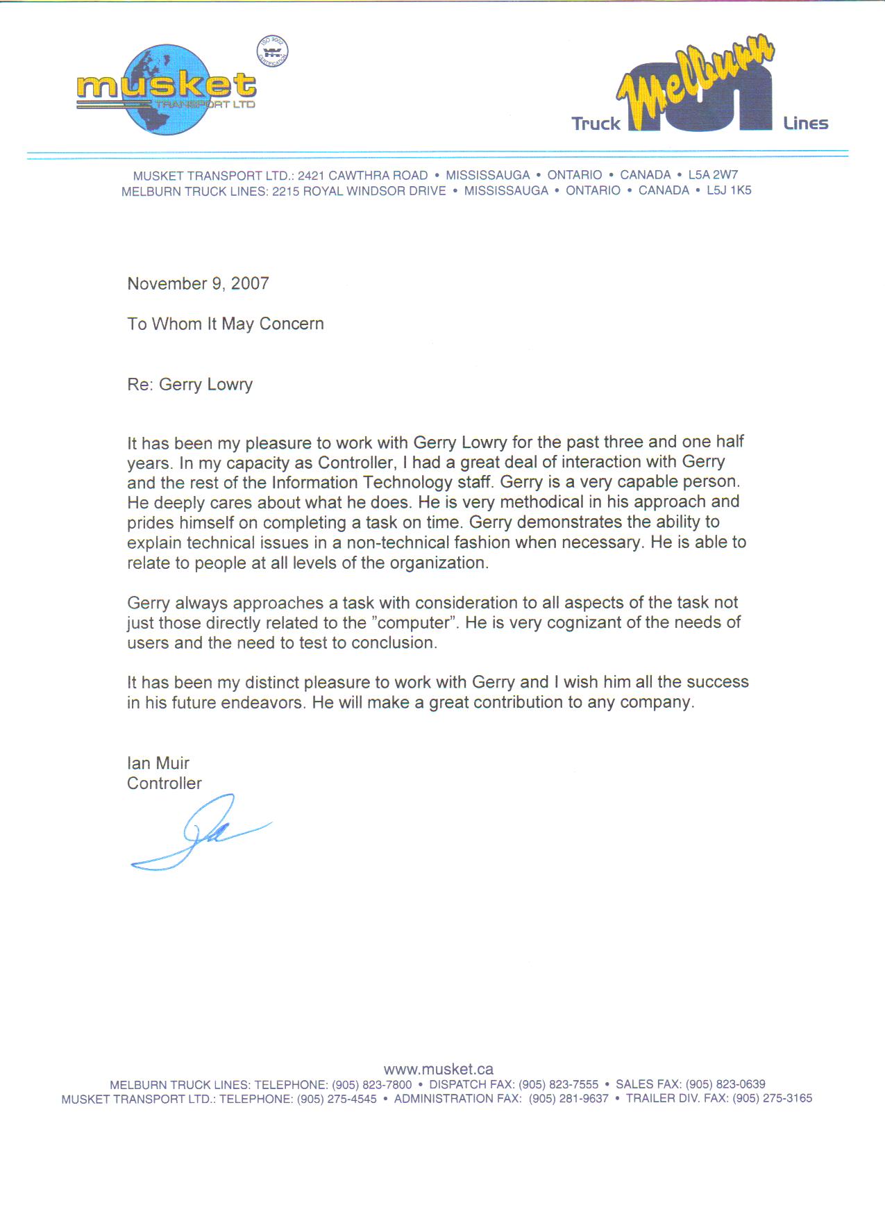 Testimonial Letter about Gerry Lowry by Ian Muir, Controller