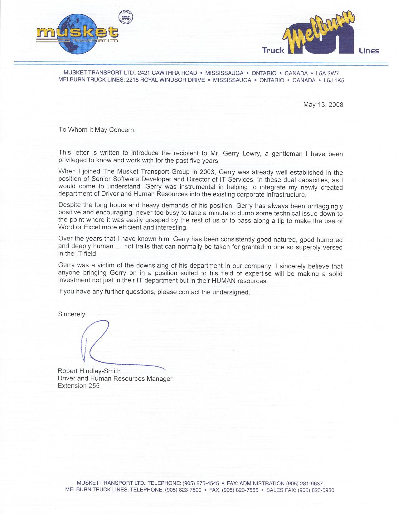 Testimonial Letter about Gerry Lowry by Rob Hindley-Smith, Human Resources Manager